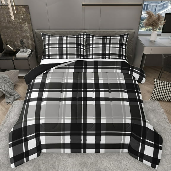 Homewish Classic Geometric Plaid Bedding Comforter Set,Modern Geometric Twin Comforter Sets,Gray Black Grid Bedding Set For Boys Kids,Super Cozy Room Decor Reversible,2pcs