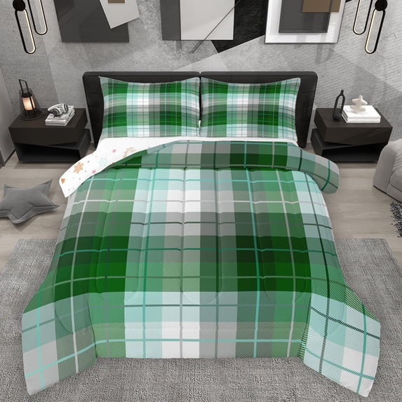 Homewish Classic Geometric Plaid Queen Comforter Set,Modern Abstract Checkered Bedding Sets,Green White Bedding Comforter Set For Girl Boys,Microfiber Bedroom Decor Reversible,3-Piece