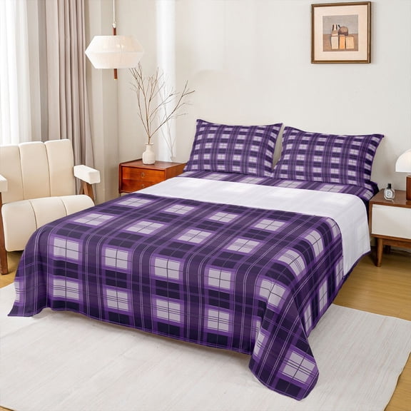 Homewish Classic Geometric Plaid Queen Sheet Sets,Modern Geometric Flat Sheet,Purple Plaid Queen Fitted Sheet For Boys Kids,Super Cozy Room Decor,4-Piece