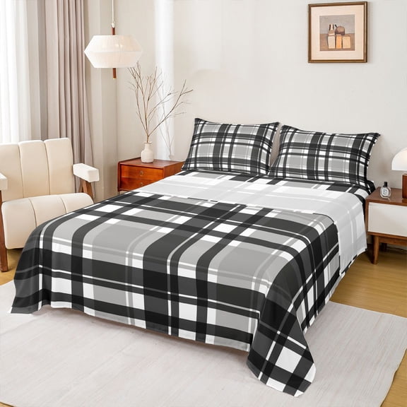 Homewish Classic Geometric Plaid Twin Sheet Sets,Modern Geometric Twin Fitted Sheet,Gray Black Grid Flat Sheet For Boys Kids,Super Cozy Room Decor,3pcs