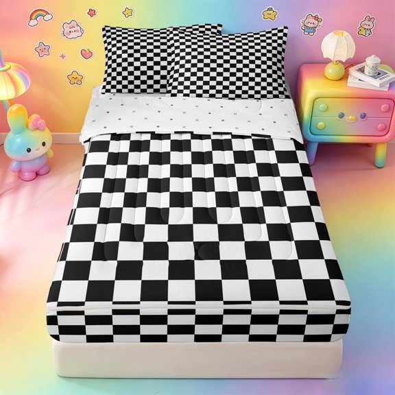 Homewish Classic Geometric Plaid Zipper Twin Comforter Sets with Fitted Sheet and 2 Pillowcases,Black And White Checkered Zipper Bedding Set For Girls,Reversible,4-Piece