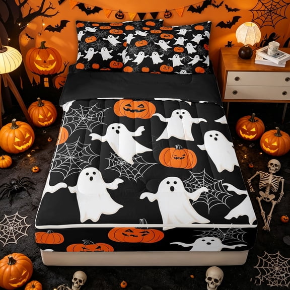 Homewish Classic Ghost Pumpkin Zipper Twin Comforter Sets with Fitted Sheet and 2 Pillowcases for Kids, Halloween Spider Web Spooky Zipper Bedding Set, Black Reversible, 4-Piece