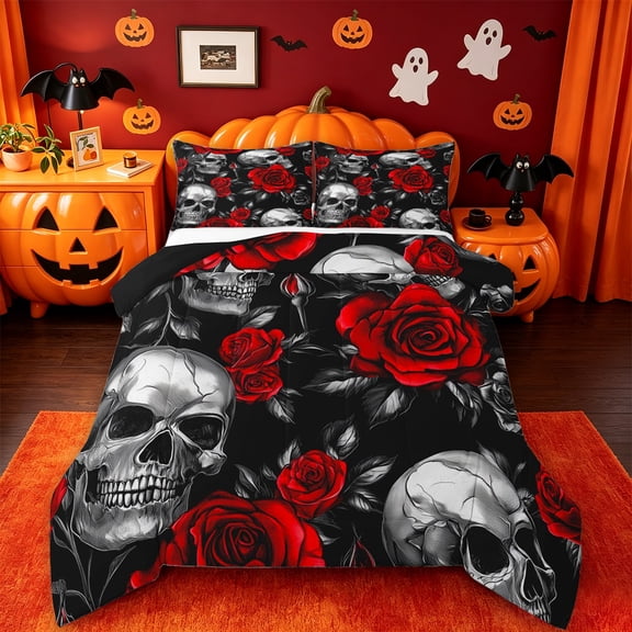 Homewish Classic Gothic Halloween Skull Queen Comforter Set,Red Rose Branch Print Comforter Sets Queen,Black Red White,Black Reversible,3pcs,1 Comforter and 2 Pillowcases