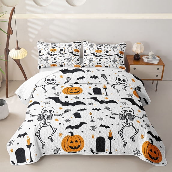 Homewish Classic Halloween Skeleton Bed Spread Queen,Bat Pumpkin Pattern Queen Coverlet Set,White Orange Black,3-Piece