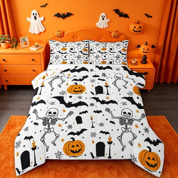 Homewish Classic Halloween Skeleton Full Size Comforter Sets,Bat Pumpkin Pattern Bedding Comforter Set,White Orange Black,Halloween Reversible,3pcs,1 Comforter and 2 Pillowcases
