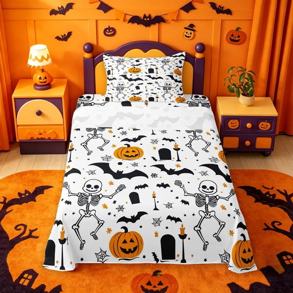 Homewish Classic Halloween Skeleton Twin Sheets,Bat Pumpkin Pattern Bedding,White Orange Black,3 Pieces,1 Fitted Sheet and 1 Pillowcase