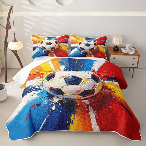 Homewish Classic Soccer Games Quilt Full,Aesthetic Oil Painting Full Bedspread Sets,Multicolor,3 Pieces