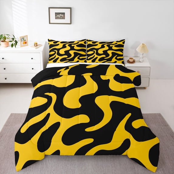 Homewish Classic Swirl Lines Queen Comforter Set,Modern Abstract Art Comforter Sets Queen,Yellow Black,Black Reversible,3 Pieces,1 Comforter and 2 Pillowcases
