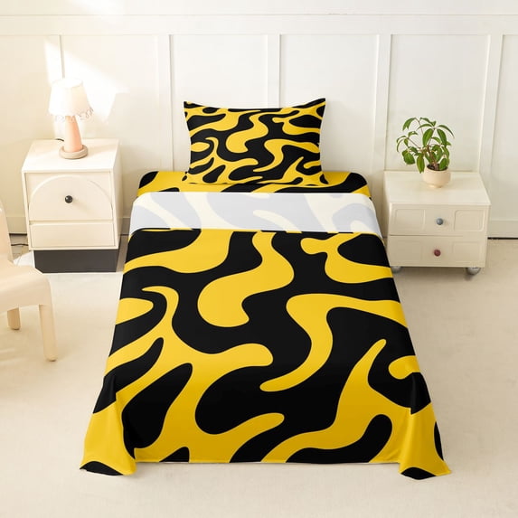 Homewish Classic Swirl Lines Twin Sheets,Modern Abstract Art Bedding,Yellow Black,3pcs,1 Fitted Sheet and 1 Pillowcase