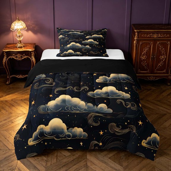 Homewish Clouds Stars Twin Comforter Sets, Black and Gold Bedding Set, Black Reversible 2 Piece, 1 Comforter and 1 Pillowcase