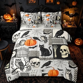 Homewish Collage Halloween Skeleton Full Size Bedding Sets, Retro Pumpkin Crow Owl Full Size Bed in a Bag, Gray Reversible, 7 Pieces
