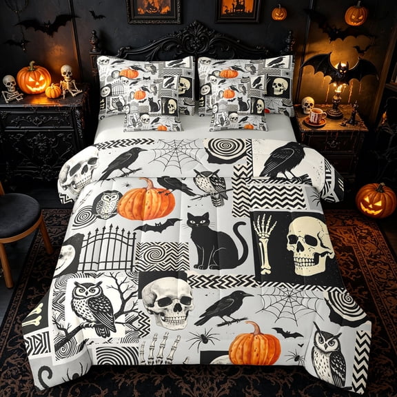 Homewish Collage Halloween Skeleton Full Size Bedding Sets, Retro Pumpkin Crow Owl Full Size Bed in a Bag, Gray Reversible, 7 Pieces