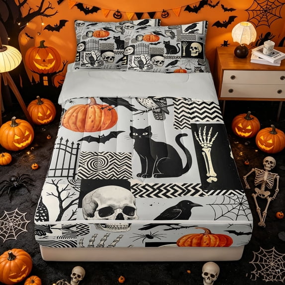 Homewish Collage Halloween Skeleton Zipper Twin Comforter Sets with Fitted Sheet and 2 Pillowcases for Kids, Retro Pumpkin Crow Owl Zipper Bedding Set, Gray Reversible, 4 Pieces