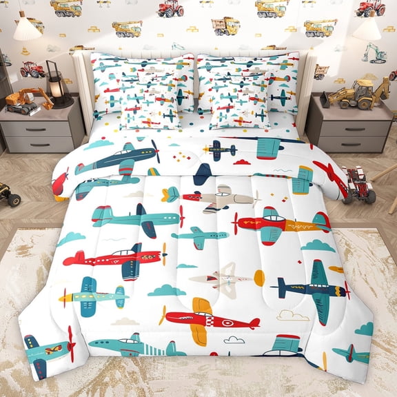 Homewish Colorful Airplane 7-Piece Bedding Comforter Set,Cartoon Aircraft King Bedding Sets,Blue Red White Bed Sheets For Kids,Microfiber Bedroom Decor