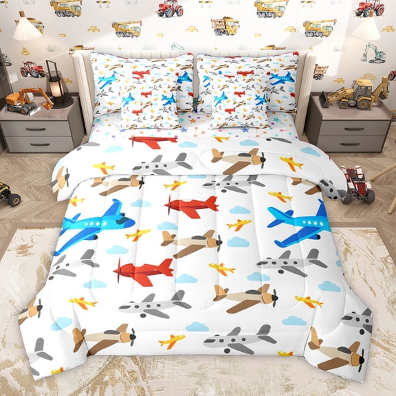 Homewish Colorful Airplane 7 Pieces Bedding Comforter Set,Cartoon Aircraft Full Bedding Set,Blue White Red Brown Fitted Sheet Flat Sheet For Kids,Microfiber Bedroom Decor Reversible