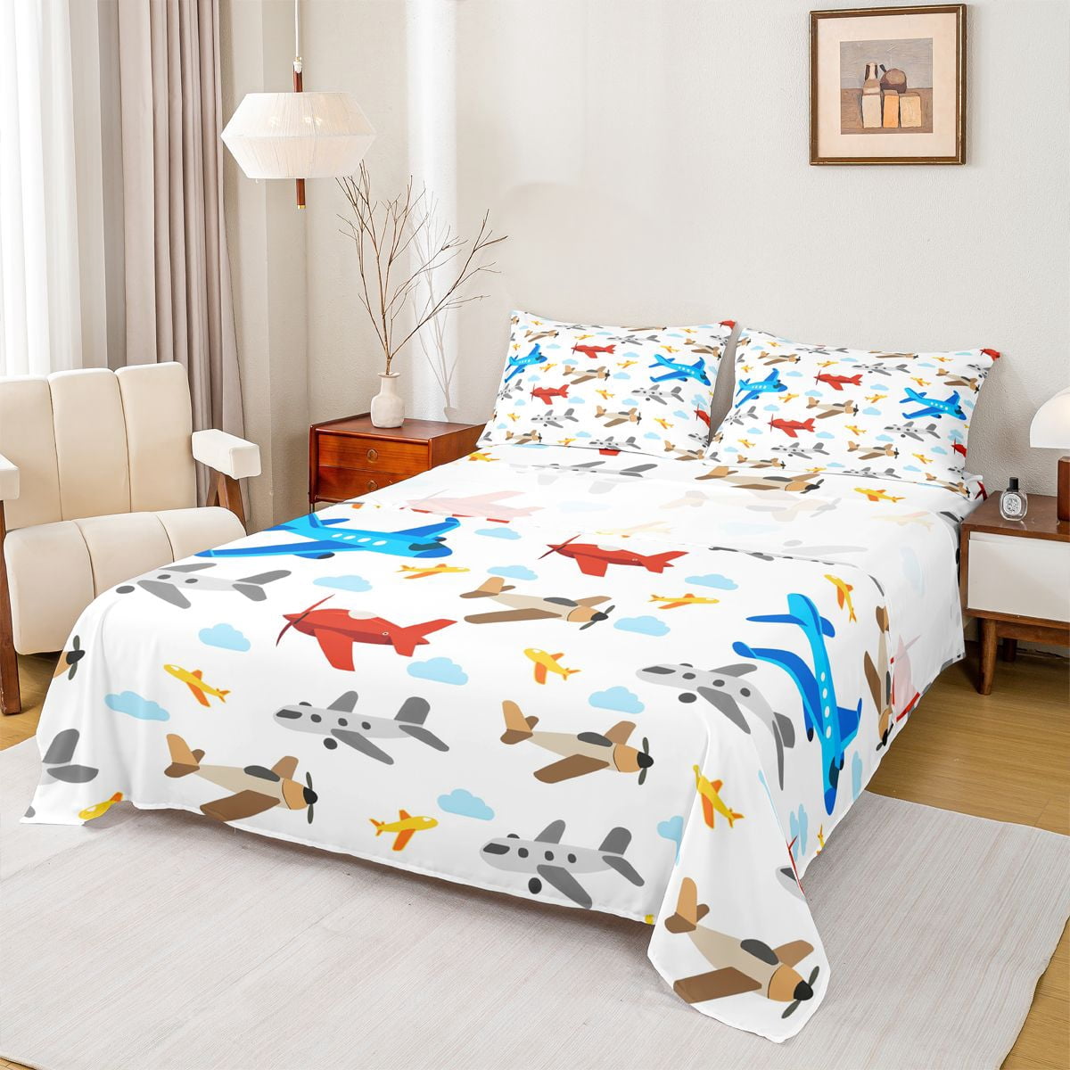 Homewish Colorful Airplane Bed Sheets,Cartoon Aircraft King Sheets,Blue ...
