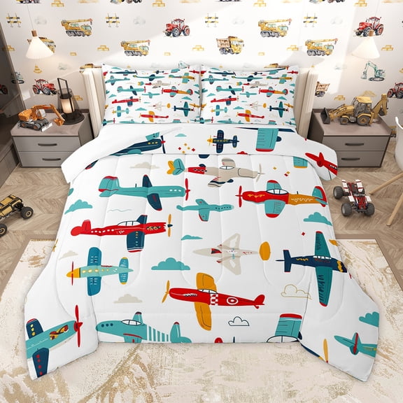 Homewish Colorful Airplane Bedding Comforter Set,Cartoon Aircraft Twin Comforter Sets,Blue Red White Bedding Set For Kids,Microfiber Bedroom Decor,2-Piece