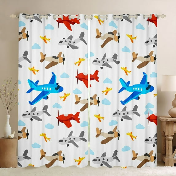 Homewish Colorful Airplane Black Out Curtains,Cartoon Aircraft Curtains Pack of 2 (42x63 Each),Blue White Red Brown Bedroom Curtains For Kids,Microfiber Bedroom Decor