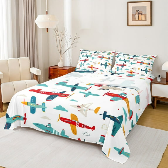 Homewish Colorful Airplane Full Size Sheets,Cartoon Aircraft Bed Sheets,Blue Red White Sheet Sets For Kids,Microfiber Bedroom Decor,4 Pieces