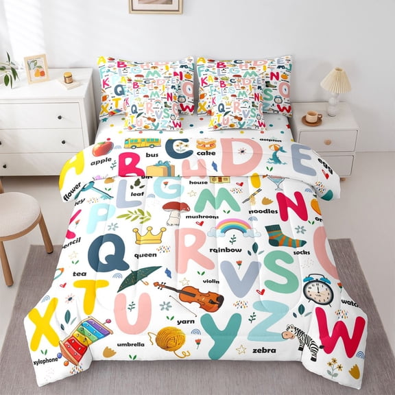 Homewish Colorful Alphabet 7pcs Bedding Comforter Set For Children Teens,Personalized Initial Queen Bedding Sets Super Cozy,Cartoon Kawaii Queen Sheet Sets,Luxury Bedroom Decor,Reversible