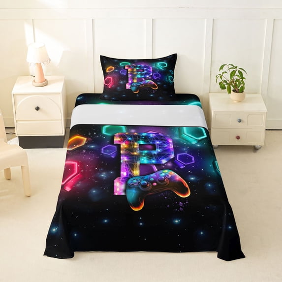 Homewish Colorful Alphabet P Twin Sheets,Gaming Pad Print Bedding,Red Green,3pcs,1 Fitted Sheet and 1 Pillowcase