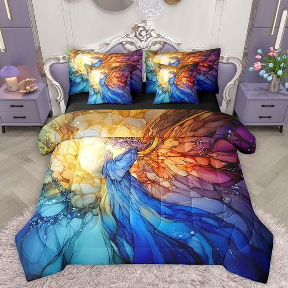 Homewish Colorful Angel Wings 7-Piece Twin Bedding Sets,Cute Cartoon Girl Bedding Comforter Set,Modern Aesthetic Artistic Sheet Sets For Boyskids,Breathable Home Decor Reversible