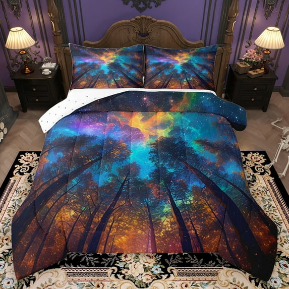 Homewish Colorful Aurora Full Size Comforter Sets,Galaxy Starry Night Bedding Comforter Set,Tropical Botanical Birch Bedding Sets For Girls Kids,Breathable Home Decor Reversible,3-Piece