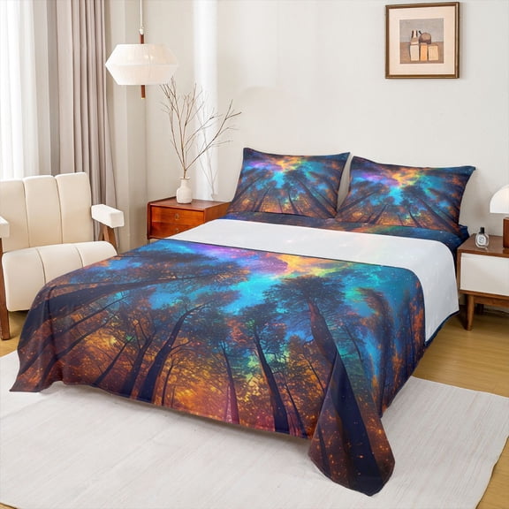 Homewish Colorful Aurora Twin Sheet Sets,Galaxy Starry Night Twin Fitted Sheet,Tropical Botanical Birch Flat Sheet For Girls Kids,Breathable Home Decor,3pcs