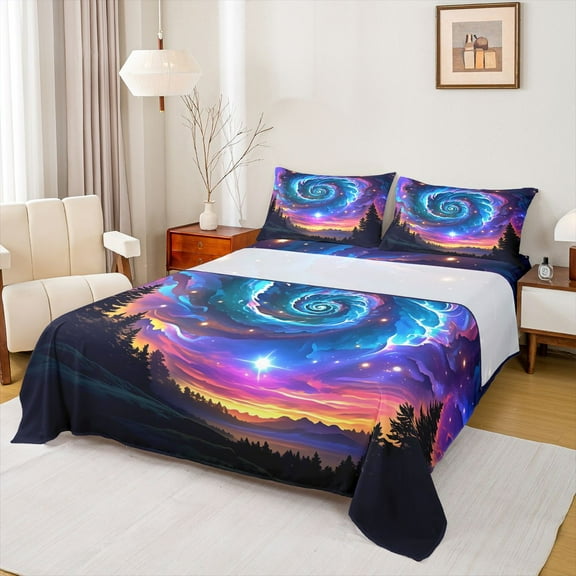 Homewish Colorful Aurora Twin Sheet Sets,Watercolor Sky Twin Fitted Sheet,Blue Purple Ombre Flat Sheet For Girls,Ultra Soft Home Decor,3-Piece