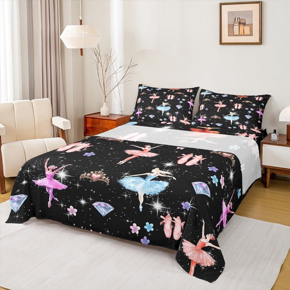 Homewish Colorful Ballet Princess Bed Sheets,Chic Crown Diamond King Sheets,Rainbow Cartoon Flower Sheet Set For Girls Kids,Super Cozy Room Decor,4-Piece