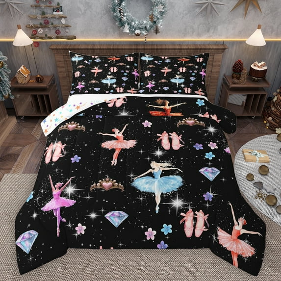 Homewish Colorful Ballet Princess Queen Comforter Set,Chic Crown Diamond Bedding Sets,Rainbow Cartoon Flower Bedding Comforter Set For Girls Kids,Super Cozy Room Decor Reversible,3pcs