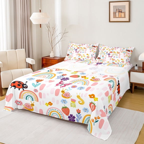 Homewish Colorful Boho Rainbow Queen Sheet Sets,Bohemain Snail Ladybug Flat Sheet,Rustic Flower Floral Queen Fitted Sheet For Teens,Luxury Bedroom Decor,4 Pieces