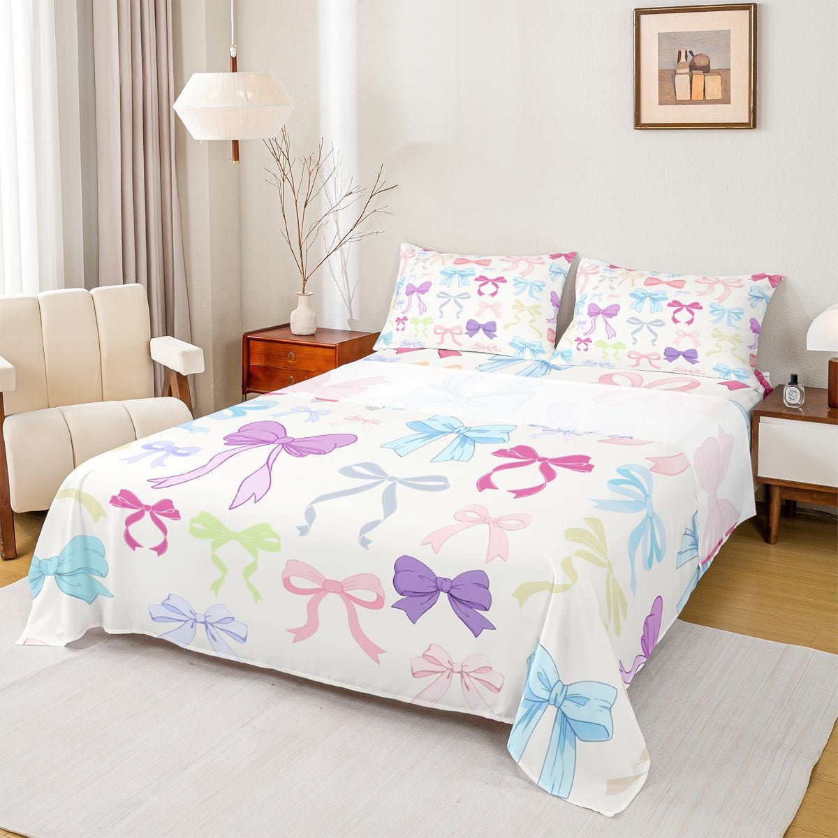 Homewish Colorful Bow Knot Queen Sheet Sets,Princess Cartoon Bowtie Flat Sheet,Multicolor Bowknot Queen Fitted Sheet For Kids,Luxury Bedroom Decor,4pcs