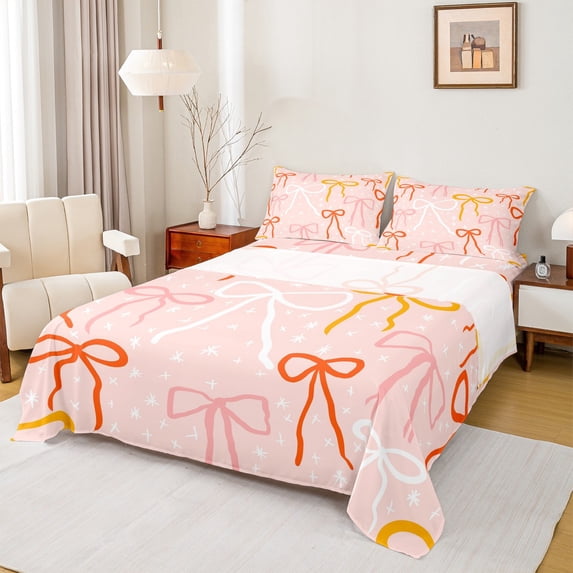 Homewish Colorful Bow Knot Twin Sheet Sets 3pcs for Kids Children,Stars Print Twin Fitted Sheet Microfiber,Cartoon Bow Breathable Flat Sheet,Ultra Soft Home Decor