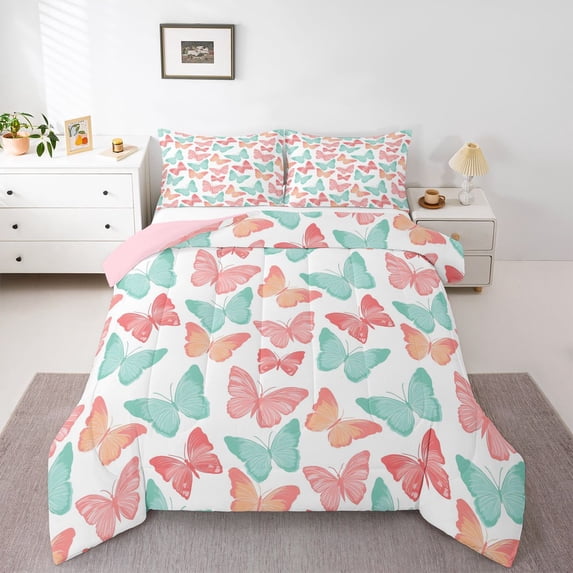 Homewish Colorful Butterflies 3 Pieces Queen Comforter Set For Children Kids Teens,Dreamy Princess Ultra Soft Bedding Sets,Pink Teal Bedding Comforter Set,Luxury Bedroom Decor,Reversible