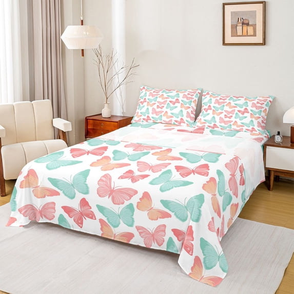 Homewish Colorful Butterflies 4 Pieces Queen Sheet Sets For Children Kids Teens,Dreamy Princess Ultra Soft Flat Sheet,Pink Teal Queen Fitted Sheet,Luxury Bedroom Decor