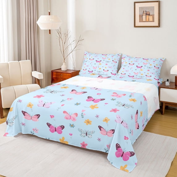 Homewish Colorful Butterflies 4 Pieces Queen Sheet Sets For Girls,Chic Floral Flowers Ultra Soft Flat Sheet,Dreamy Princess Queen Fitted Sheet,Lightweight Room Decor