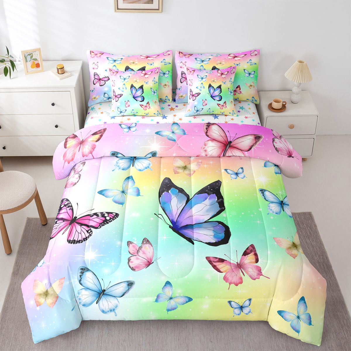 Homewish Colorful Butterflies 7-Piece Bedding Comforter Set For Children Kids Teens,Dreamy Princess King Bedding Sets,Abstract Gradient Ombre Ultra Soft Bed Sheets,Luxury Bedroom Decor,Reversible