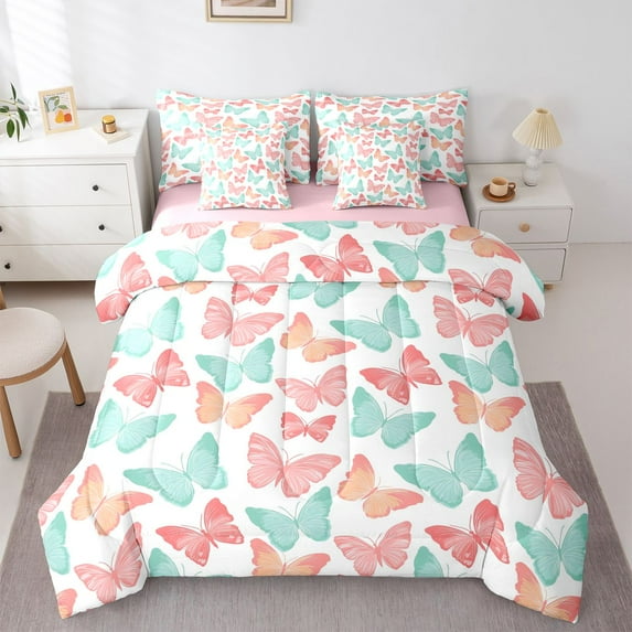 Homewish Colorful Butterflies 7-Piece Bedding Comforter Set For Children Kids Teens,Dreamy Princess King Bedding Sets,Pink Teal Ultra Soft Bed Sheets,Luxury Bedroom Decor,Reversible
