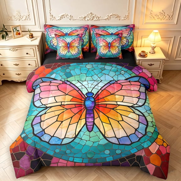 Homewish Colorful Butterflies 7-Piece Twin Bedding,Watercolor Boho Glass Bedding Comforter Set,Black Reversible