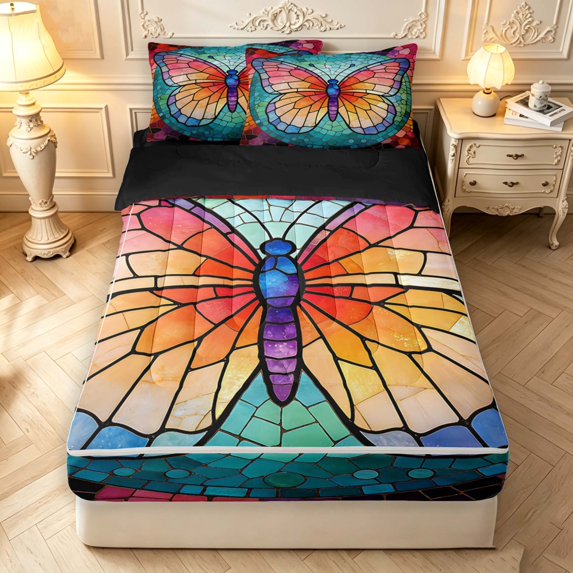Homewish Colorful Butterflies Zipper Queen Comforter Set with Fitted Sheet and 2 Pillowcases,Watercolor Boho Glass Zipper Bedding Set,Black Reversible,4pcs