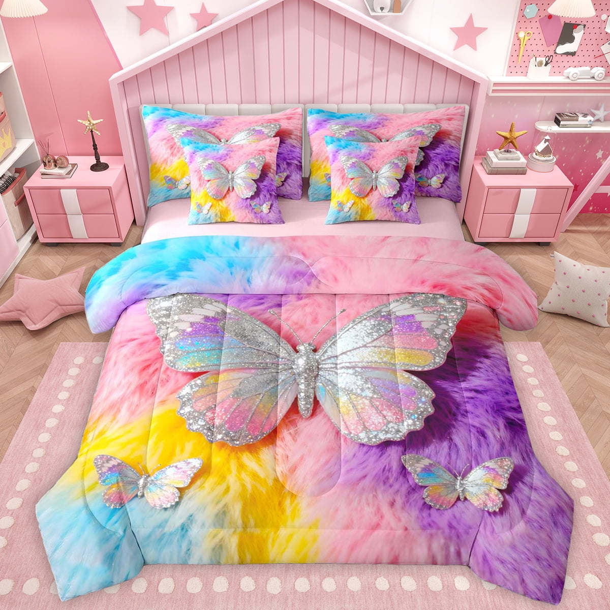 Homewish Colorful Butterfly 7pcs Bedding Comforter Set,Multicolor Glitter Print Queen Bedding Sets,Pink Purple Blue Queen Sheet Sets For Girls,Microfiber Bedroom Decor Reversible