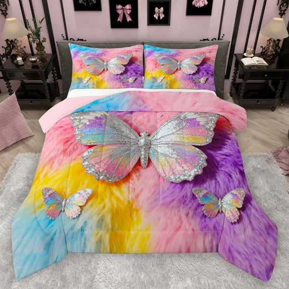 Homewish Colorful Butterfly Bedding Comforter Set,Multicolor Glitter Print Twin Comforter Sets,Pink Purple Blue Bedding Set For Girls,Microfiber Bedroom Decor Reversible,2 Pieces