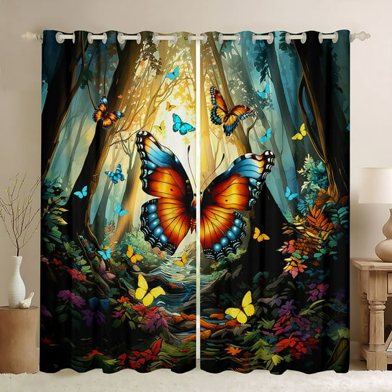 Homewish Colorful Butterfly Black Out Curtains,Multicolor Flower Leaves Curtains Pack of 2 (42x63 Each),Natural Scenery Bedroom Curtains For Girls,Ultra Soft Home Decor