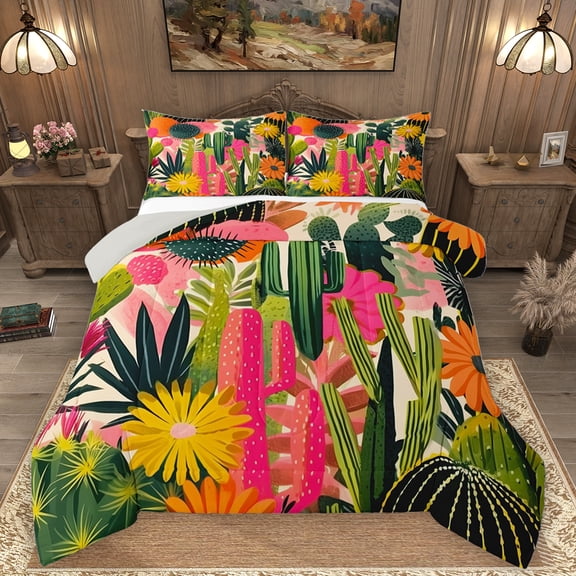 Homewish Colorful Cactus Queen Comforter Set,Tropical Desert Botanical Bedding Sets,Green Pink Yellow Bedding Comforter Set For Adults,Luxury Bedroom Decor Reversible,3pcs