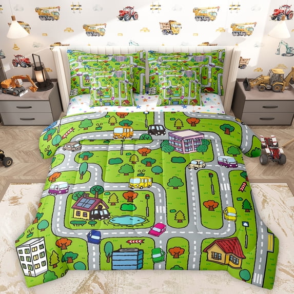 Homewish Colorful Cars 7-Piece Twin Bedding Sets,City Road Bedding Comforter Set,Green Gray Sheet Sets For Boys Kids,Ultra Soft Home Decor Reversible