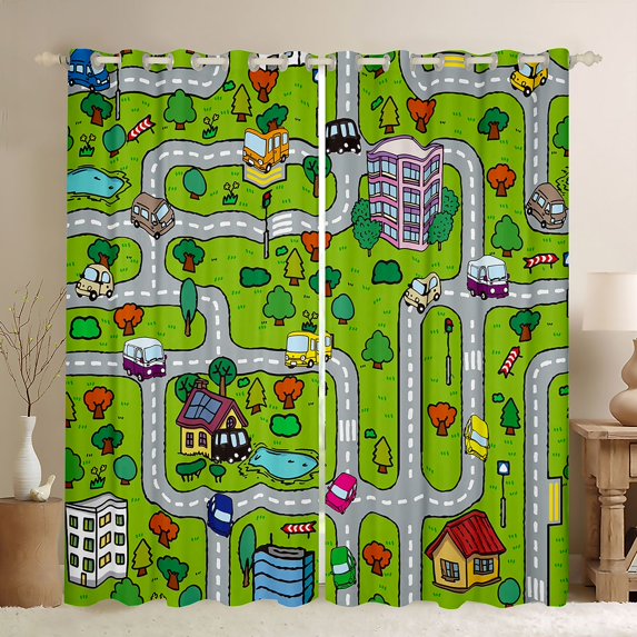 Homewish Colorful Cars Curtains Pack of 2 (42x84 Each),City Road Curtains Blackout,Green Gray Bedroom Curtains For Boys Kids,Ultra Soft Home Decor