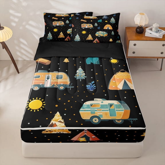 Homewish Colorful Cartoon Camper Kids Zipper Twin Comforter Sets with Fitted Sheet and 2 Pillowcases,Happy Camping Theme Zipper Bedding Set For Boys,Reversible,4-Piece
