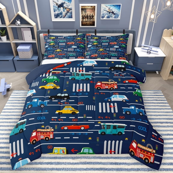 Homewish Colorful Cartoon Car Bedding Comforter Set,Traffic Light Twin Comforter Sets,Deepblue Red Yellow Bedding Set For Boy Kids,Luxury Bedroom Decor Reversible,2pcs