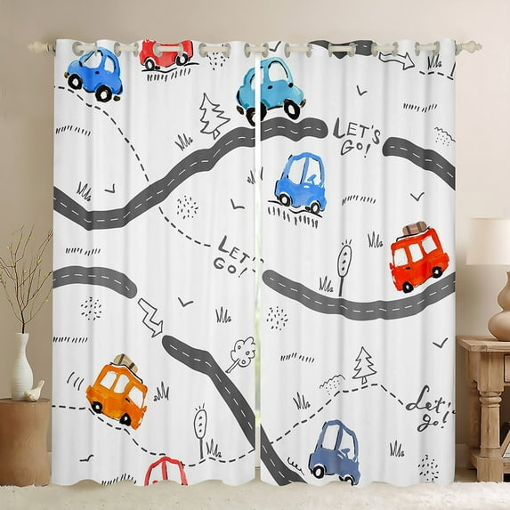 Homewish Colorful Cartoon Car Curtains Pack of 2 (42x84 Each),Modern City Road Curtains Blackout,White Gray Bedroom Curtains For Boys Kids,Super Cozy Room Decor